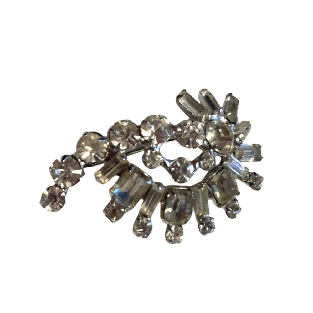 Vintage 1950s Rhinestone Brooch Baguette Silver Tone Art‎ Deko Pin